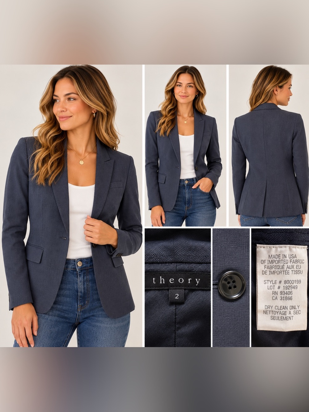 Theory Wool Stretch Tailored Blazer Navy Charcoal Size 2 Made in USA